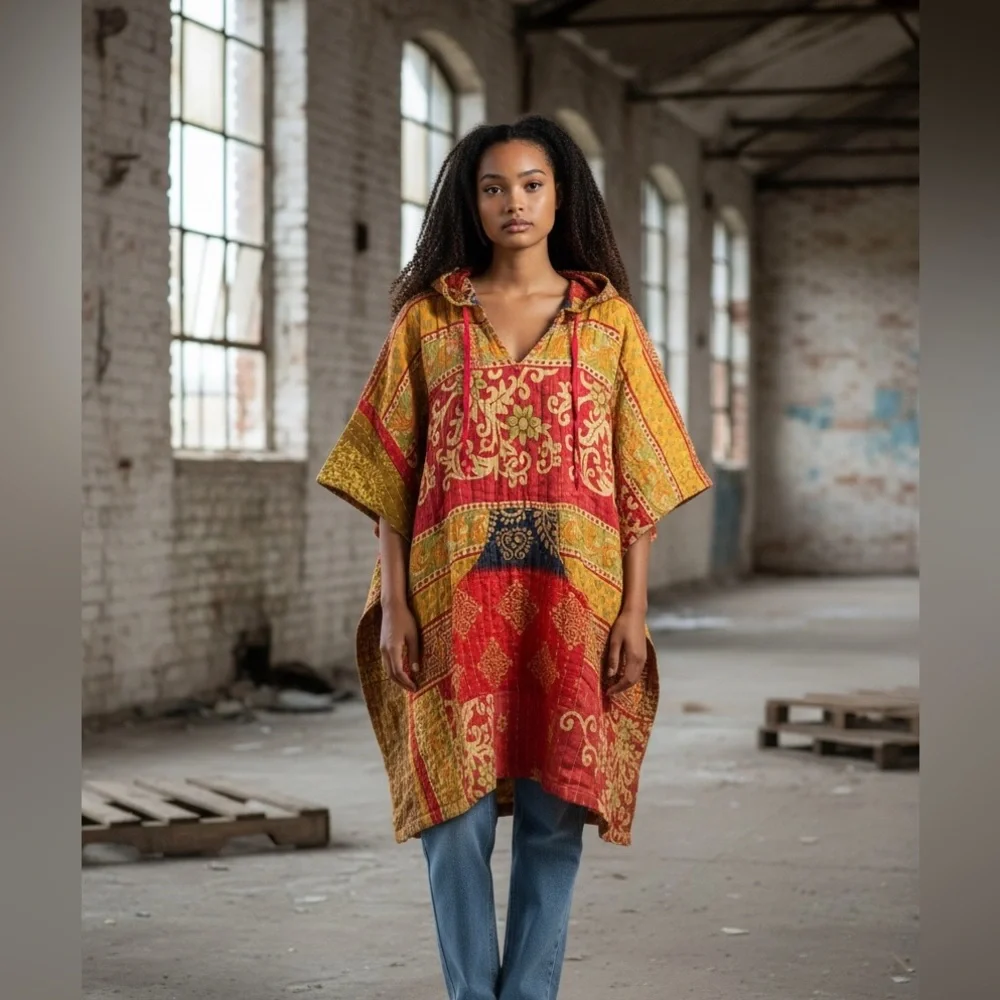 KANTHA Hooded Poncho ITEM 108 BOHO COMFY with pockets, handmade reversible OS - Picture 4 of 9